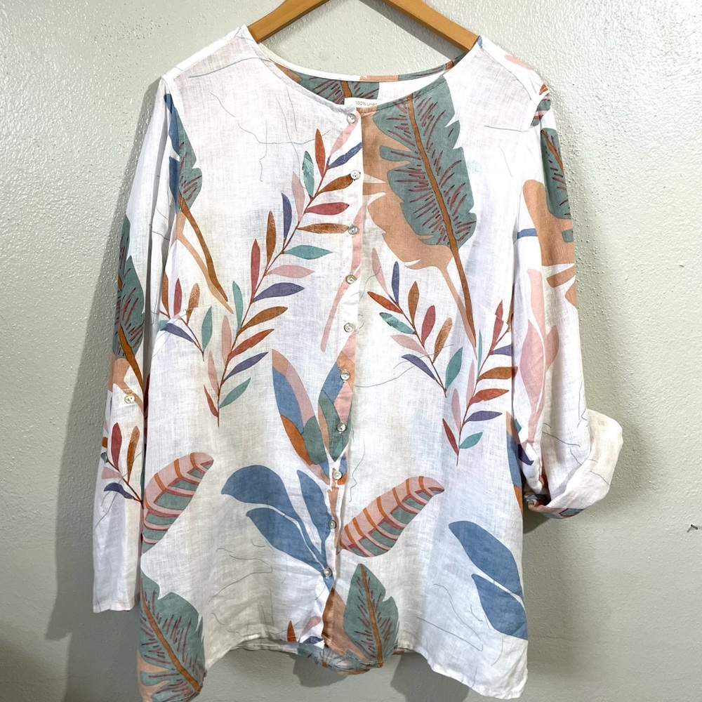 Tropical Linen Button Blouse Roll Sleeve Boho Semi Sheer 1X EUC Cynthia Rowley